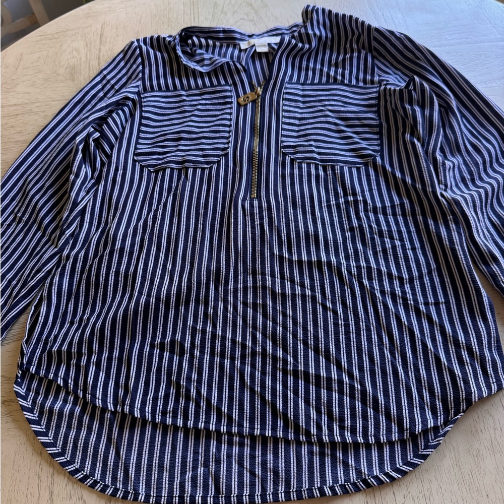 MICHAEL Michael Kors Navy and White Striped Button-Front Blouse